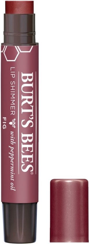 Burt's Bees Lip Shimmer in de kleur Fig, met de dop eraf en de paarse lippenstift zichtbaar.