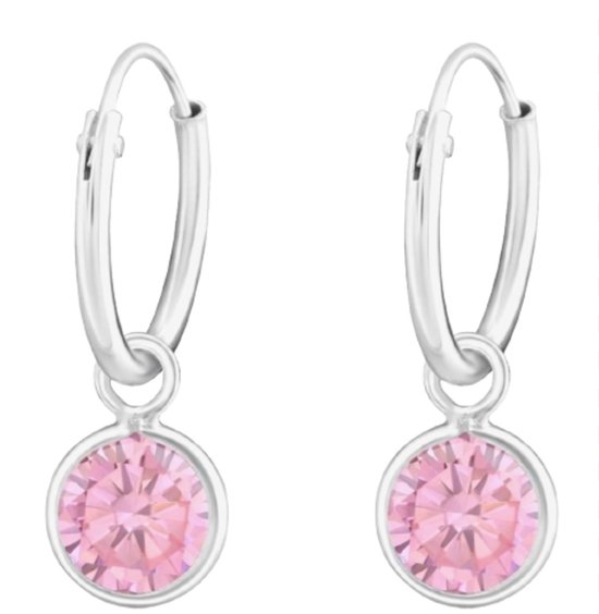 Joy|S - Zilveren oorbellen - kristal ronde bedel roze - oorringen