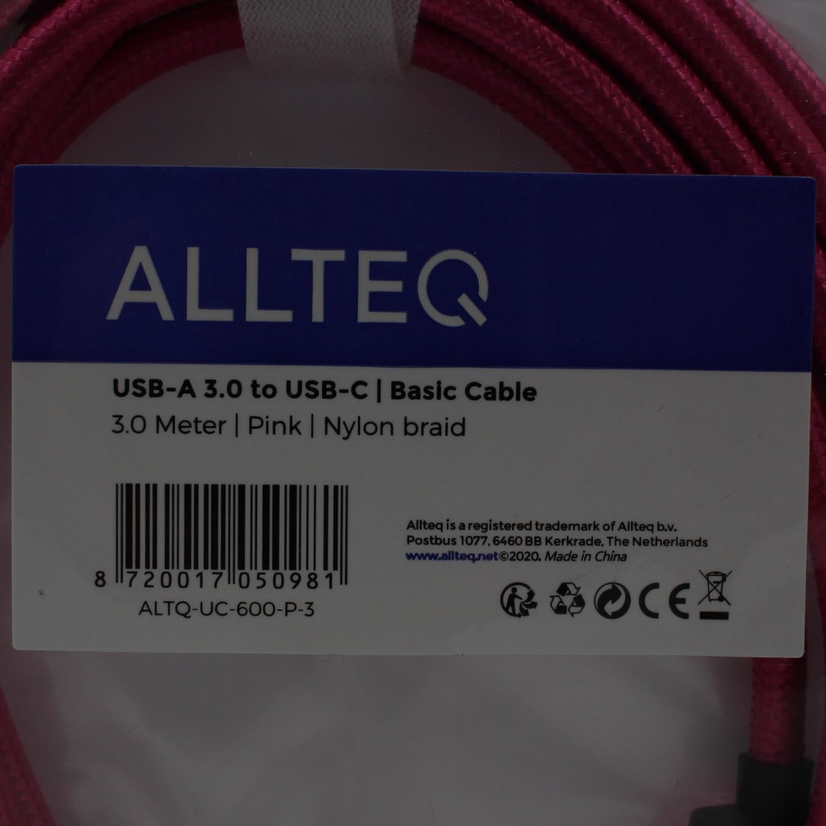 Câble USB C, C à A, Veste en nylon, Rose, 3 mètres, Allteq