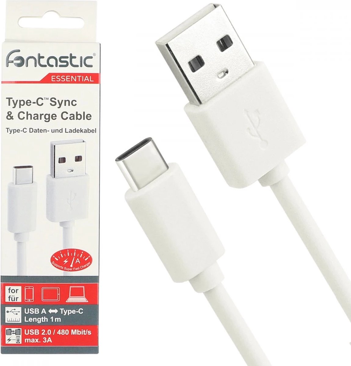 Fontastic 255397 Oplaadkabel Datakabel USB 2.0 A naar USB-C - 1 meter - Wit