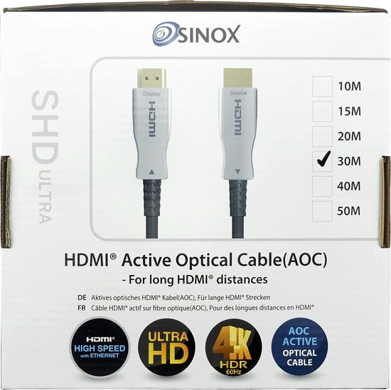 Sinox SHD Ultra - HDMI kabel over Optical/glasvezel - 4K 60Hz + HDR +  Ethernet -... | bol.com