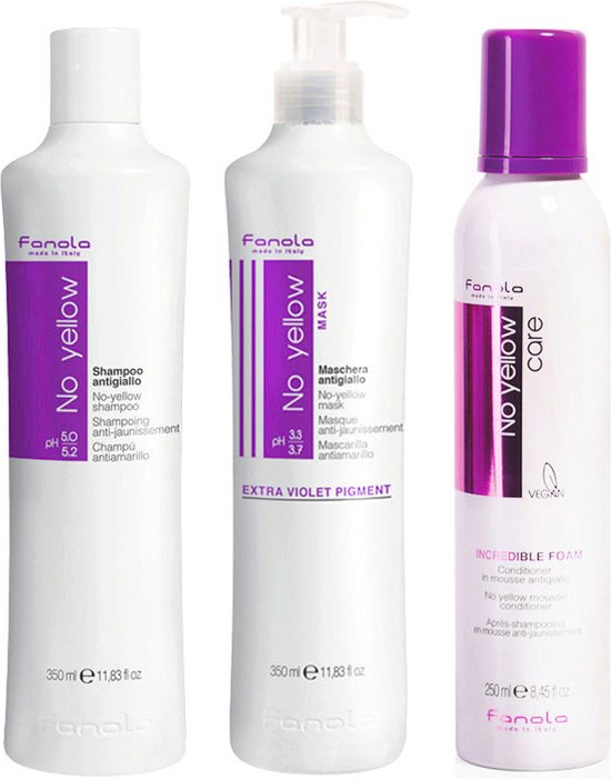 FANOLA NO YELLOW SHAMPOOING 350ML ET MASK 350ML MOUSSE 250ML ANTI JAUNE POUR CHEVEUX BLONDS