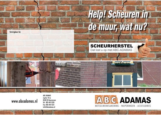Een bakstenen muur met scheuren, de tekst 'Help! Scheuren in de muur, wat nu?' en afbeeldingen van reparatiewerkzaamheden.