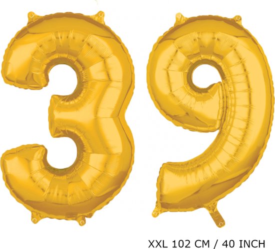 Mega grote XXL gouden folie ballon cijfer 39 jaar.  leeftijd verjaardag 39 jaar. 102 cm 40 inch. Met rietje om ballonnen mee op te blazen.