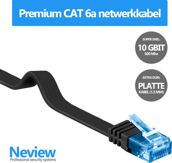 Neview - Câble UTP plat premium de 7 mètres - CAT 6a - 10 Gbit - 100% cuivre - Zwart - (câble réseau/câble internet)
