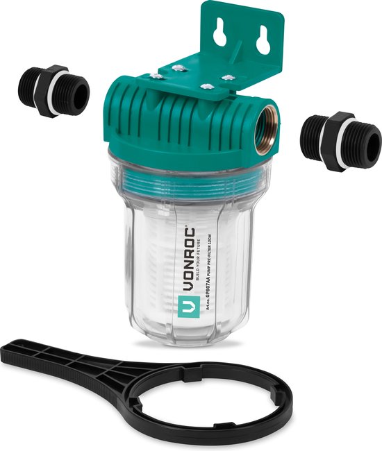 Doorzichtige voorfilter met groene deksel en beugel, inclusief zwarte koppelingen en sleutel.