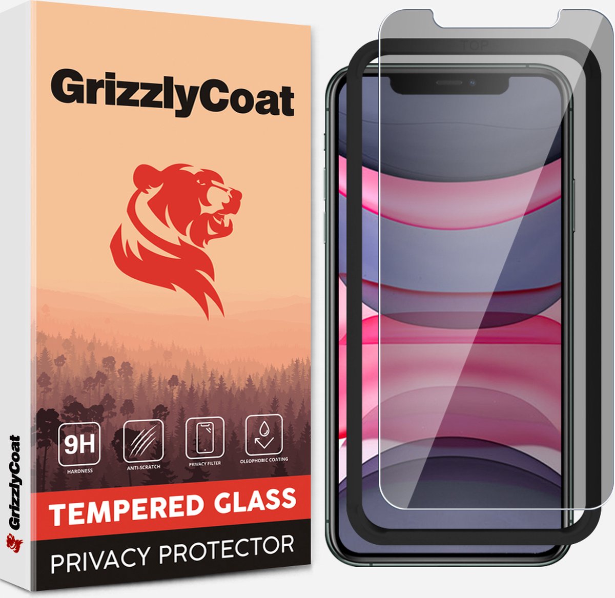 GrizzlyCoat Easy Fit AntiSpy Screenprotector geschikt voor Apple iPhone XR Glazen Screenprotector Privacy - Case Friendly + Installatie Frame
