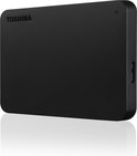 Zwarte Toshiba Canvio Basics externe harde schijf, 2TB, met een matte afwerking.