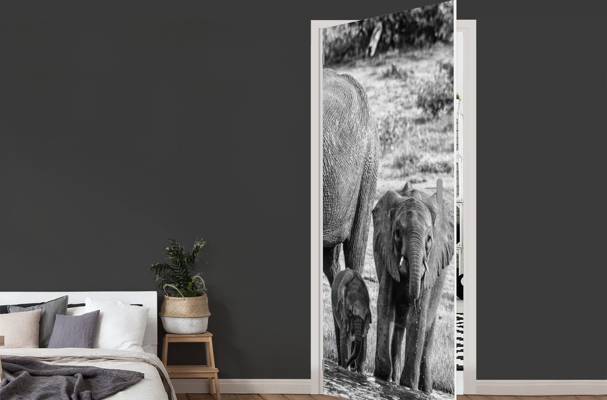 Afbeelding van product StickerSnake  Deursticker Familie olifanten aan het water in zwart-wit - 90x235 cm - Deurposter