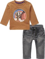 Noppies - Kledingset - 2delig - Jeans Grey denim - shirt bruin met print - Maat 74