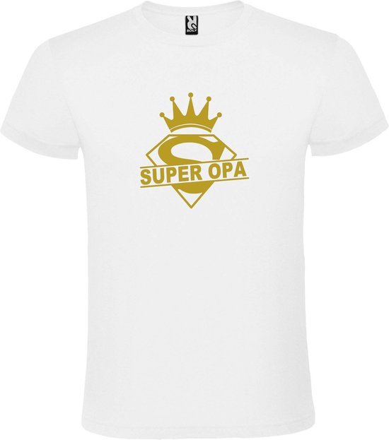 Wit T shirt met print van "Super Opa " print Goud size XXXXL