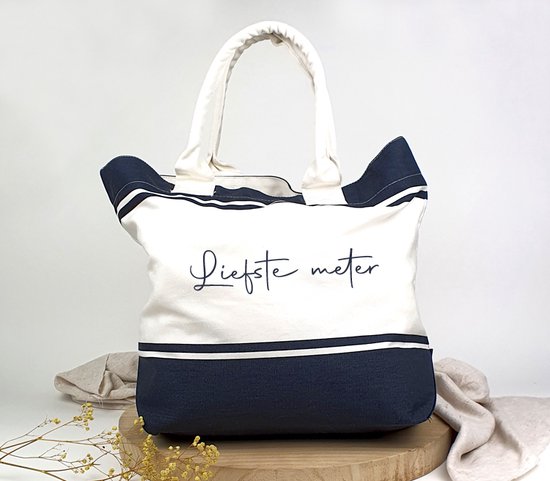 Strandtas - Meter cadeau - Strandtas "liefste meter" - Geborduurd cadeau voor meter - Grote strandtas - Strandzak - Zwemzak - Zwemtas - Strandtas