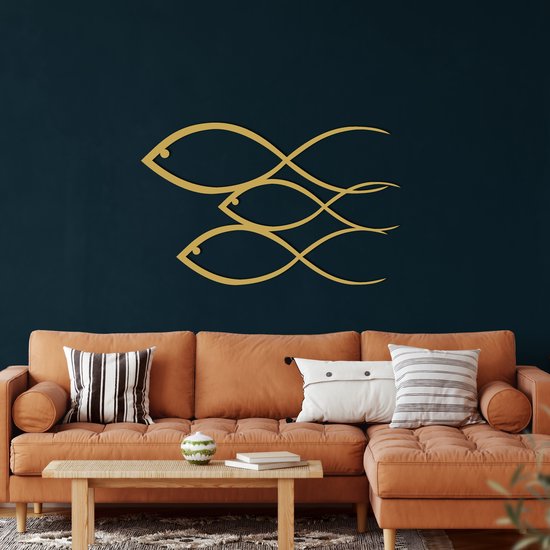 Wanddecoratie |Vis Familie /Fish Family  decor | Metal - Wall Art | Muurdecoratie | Woonkamer |Gouden| 90x56cm