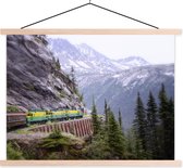 Posterhanger incl. Poster - Schoolplaat - Een trein rijdend langs een bergwand - 40x30 cm - Blanke latten