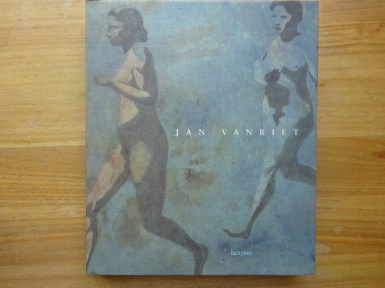Boekcover met de titel 'JAN VAN RIET'. Twee geschilderde, naakte figuren in beweging op een blauwe, verweerde achtergrond.