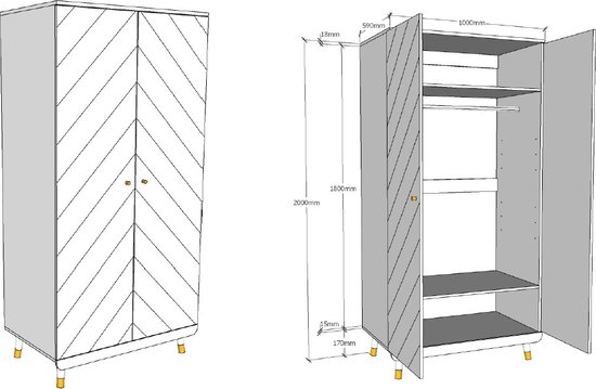 Kledingkast Billy 2 deuren MDF - wit/goud
