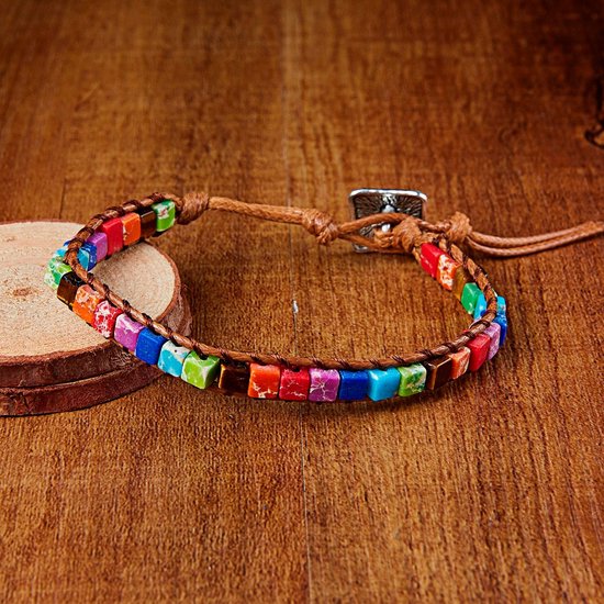DW4Trading Chakra Armband 3 - Multicolor Natuursteen Regenboog - Imitatie Leer - Smal van DW — afbeelding 4