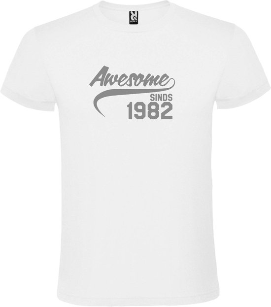 Wit T-shirt ‘Awesome Sinds 1982’ Zilver Maat XS