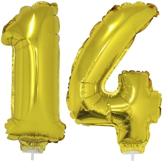14 jaar leeftijd feestartikelen/versiering cijfers ballonnen op stokje van 41 cm - Combi van cijfer 14 in het goud