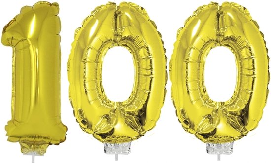 100 jaar leeftijd feestartikelen/versiering cijfers ballonnen op stokje van 41 cm - Combi van cijfer 100 in het goud