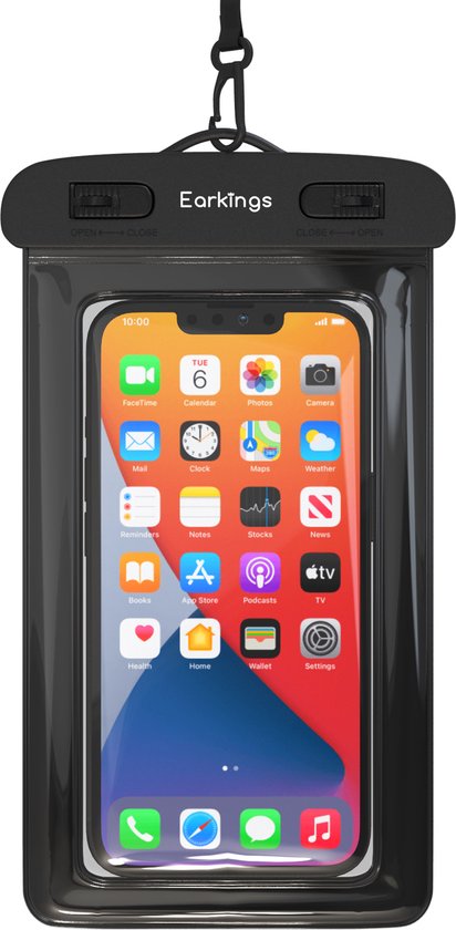 Zwarte waterdichte telefoonhoes met telefoon erin, hangend aan koord, met zwarte sluiting.