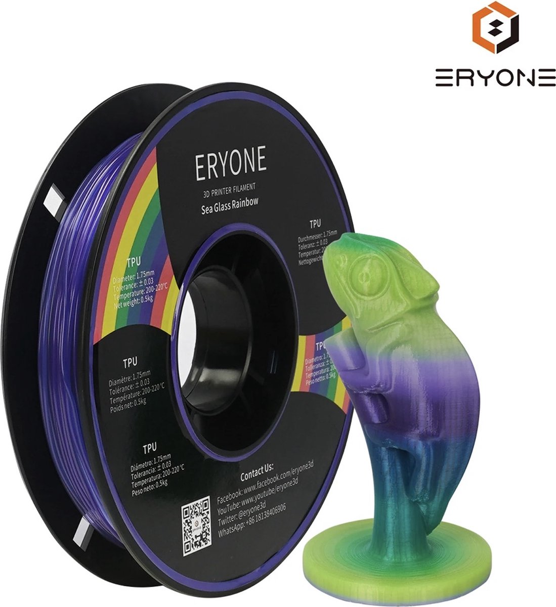 Eryone Regenboog TPU 0,5 Kg 1,75mm Flexibel Filament - Rainbow - TPC Flex