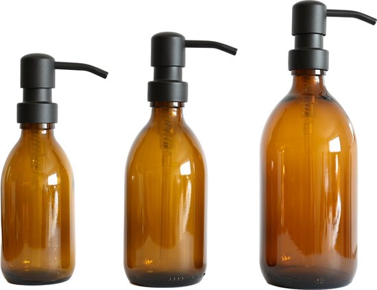 Groeikruid® Zeeppompjes Set voor Keuken, Badkamer en Toilet | Zeepdispensers 200 ml + 300 ml + 500 ml | Vrijstaand en Hervulbaar | Amber Glas met RVS pompkop | Mat Zwart
