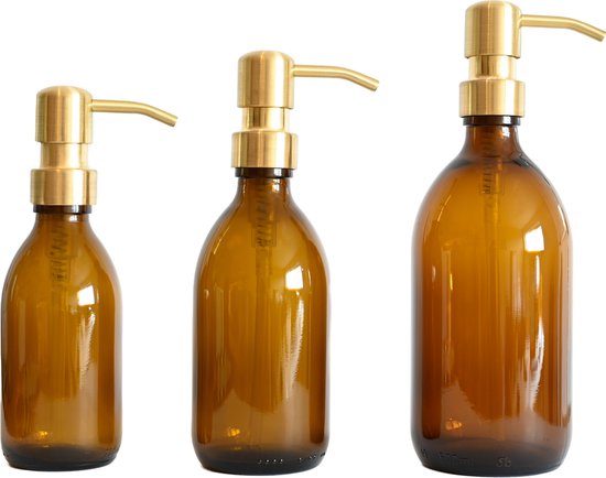 Groeikruid® Zeeppompjes Set voor Keuken, Badkamer en Toilet | Zeepdispensers 200 ml + 300 ml + 500 ml | Vrijstaand en Hervulbaar | Amber Glas met RVS pompkop | Goud