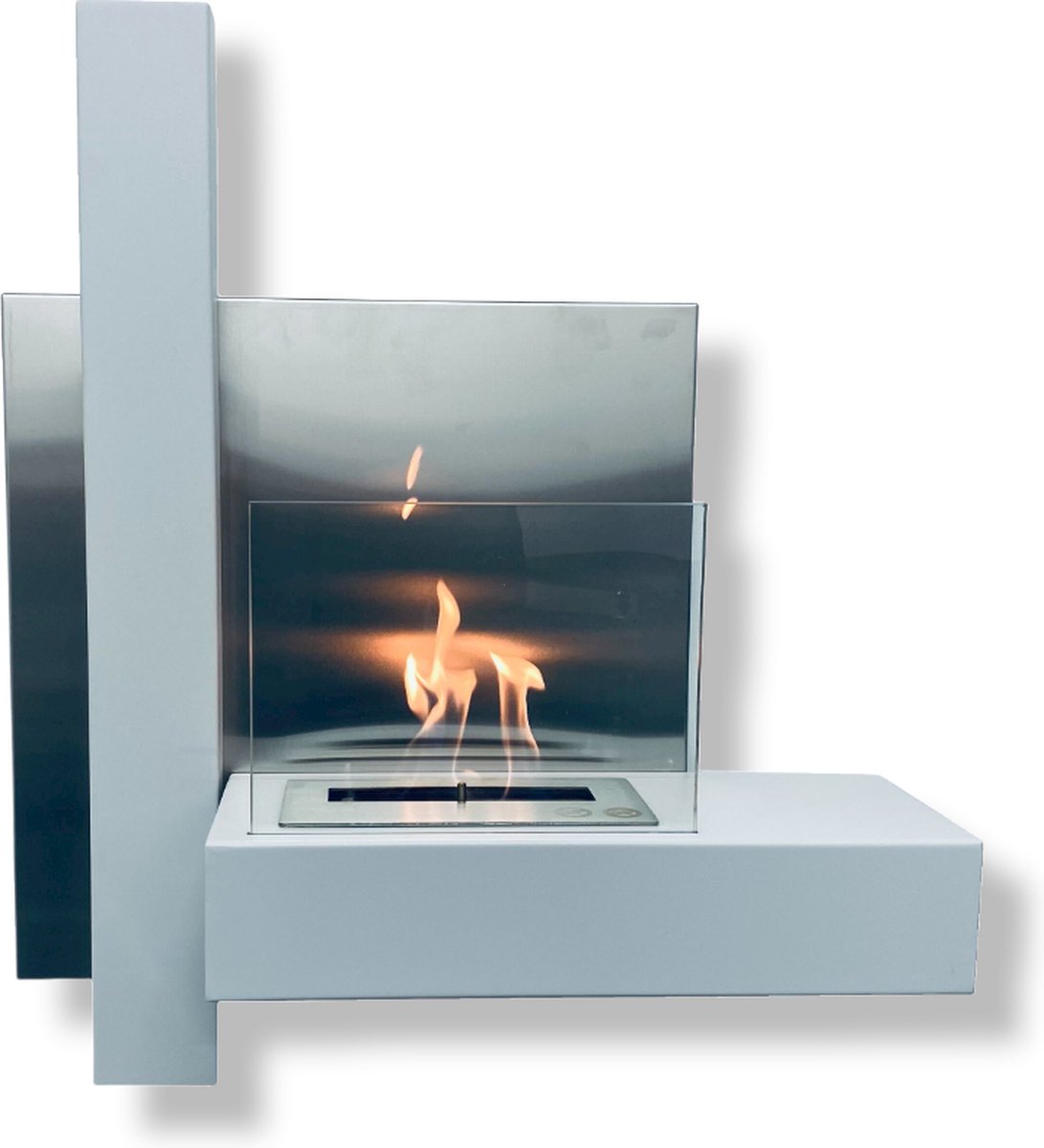 Bioethanolhaarden.com - Bio-Ethanol Haard Sfeerhaard - Openhaard - Bioethanolhaard - Mead RVS Witte Bio Wandhaard 75 CM Met Glas - Hanghaard op de moor - Moderne Interieur Haard - Hoge vlammen - Design Haard - Echter vlammen