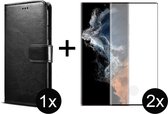 Samsung S22 Ultra Hoesje - Samsung Galaxy S22 Ultra hoesje bookcase zwart wallet case portemonnee hoes cover hoesjes - 2x Samsung S22 Ultra screenprotector