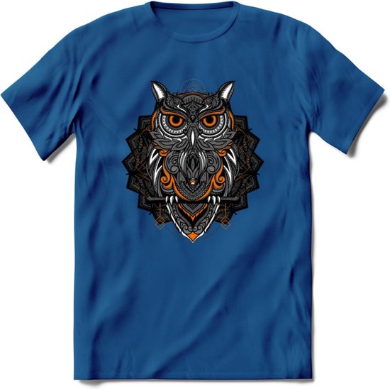 Uil - Dieren Mandala T-Shirt | Oranje | Grappig Verjaardag Zentangle Dierenkop Cadeau Shirt | Dames - Heren - Unisex | Wildlife Tshirt Kleding Kado | - Donker Blauw - S