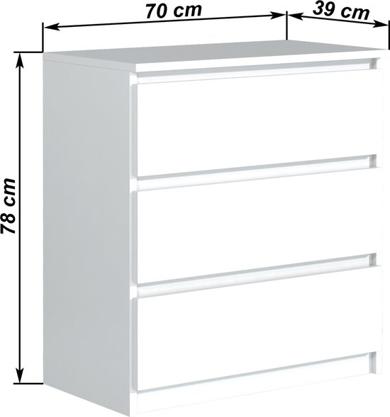 Pro-meubels - Ladekast - Norton - Wit - 70cm - 3 lades - Commode
