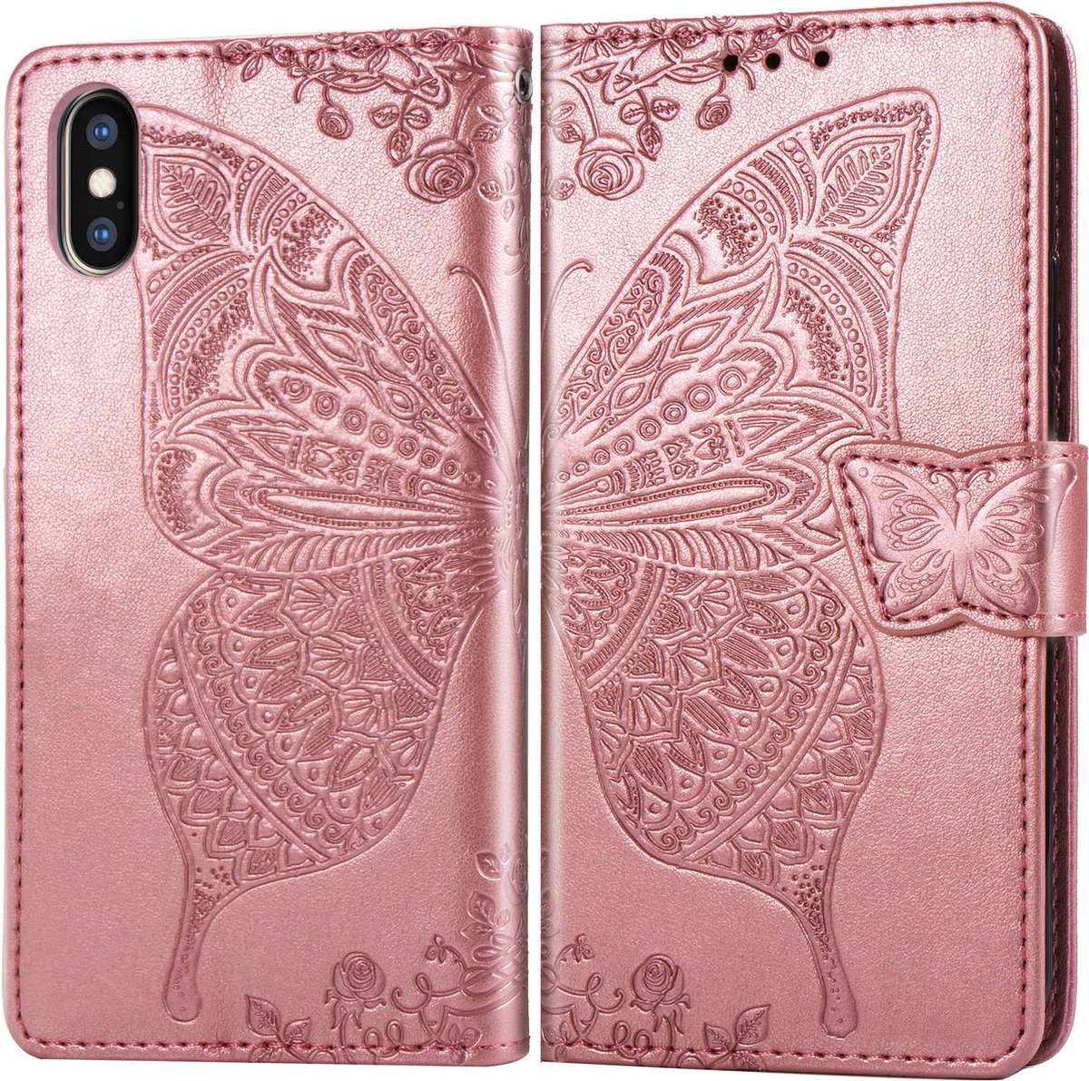 Bookcase geschikt voor Apple iPhone X / XS - Roze - Vlinder - Portemonnee Hoesje