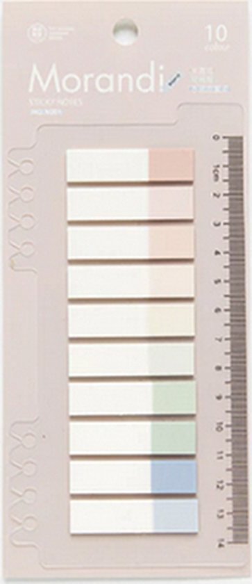Morandi sticky notes, 10 kleuren, pastelkleuren, met liniaal.