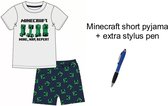 Minecraft Short Pyjama - Wit/blauw - 100% Katoen. Maat 134 cm / 9 jaar + EXTRA 1 Stylus Pen.