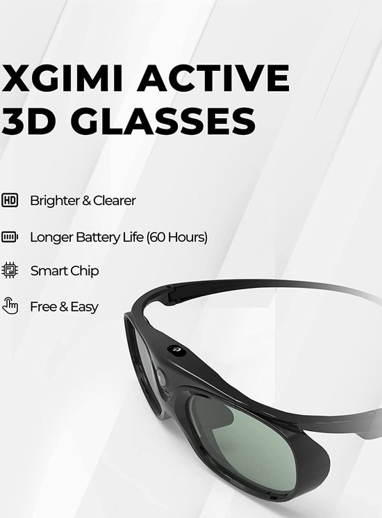 Zwarte XGIMI Active 3D-bril met lichtgroene lenzen en een knop op de pootjes.