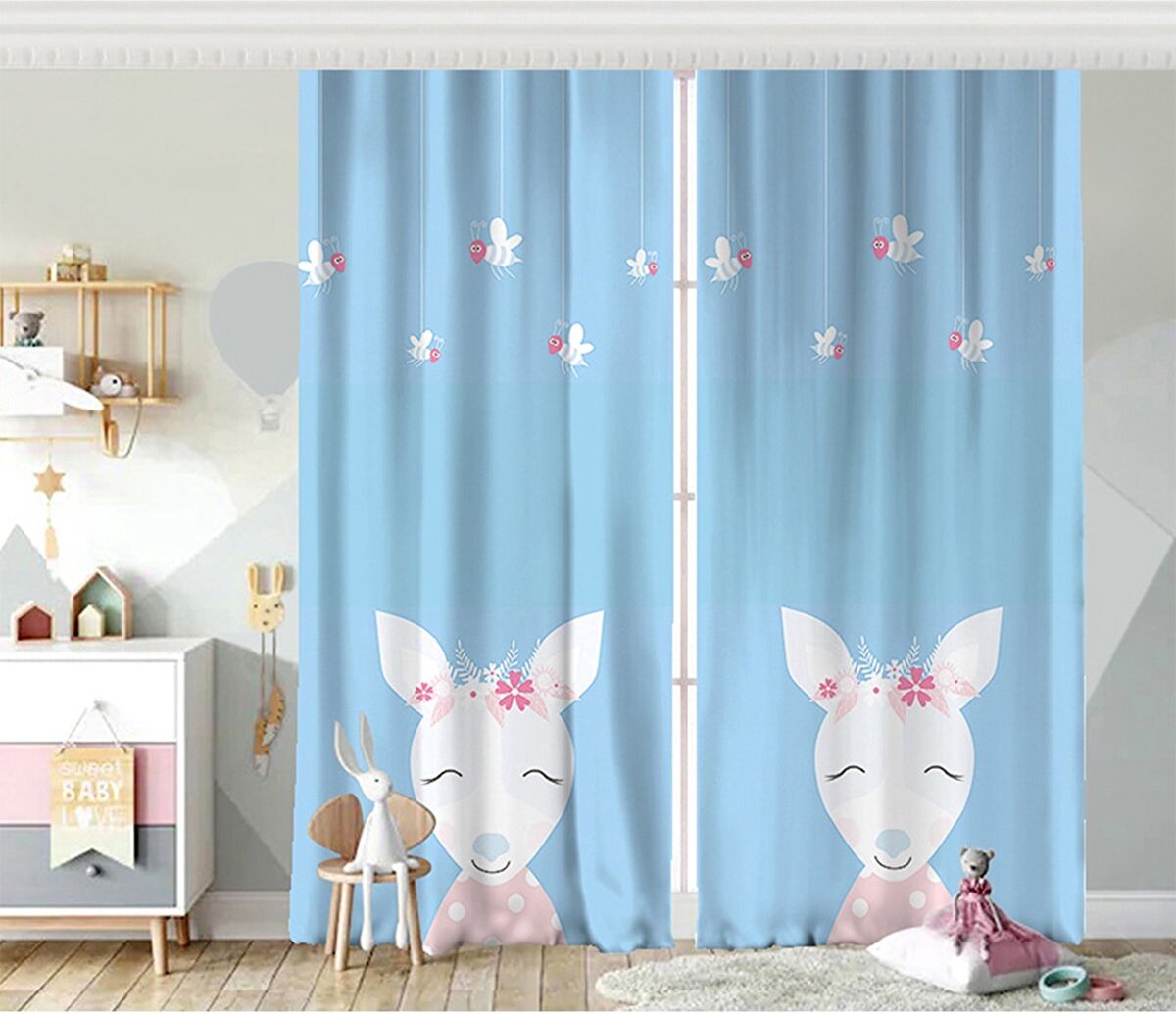 Zethome - Gordijn voor Kinderen- 140x260 cm - Kant en Klaar - Geschikt voor een rail of Roede - Digitaal Printen - Washbar - Rabbit - 2 Stuks - Totale Breedte 280cm