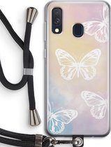 Case Company® - Samsung Galaxy A40 hoesje met Koord - White butterfly - Telefoonhoesje met Zwart Koord - Bescherming aan alle Kanten en Over de Schermrand