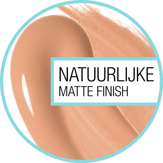Een swish van lichte huidskleurige foundation met de tekst 'Natuurlijke Matte Finish'.