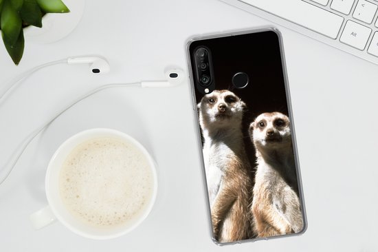 Telefoonhoesje Geschikt voor Huawei P30 Lite hoesje - Zwart - Stokstaartjes - Dieren - Siliconen Telefoonhoesje Telefoonhoesje