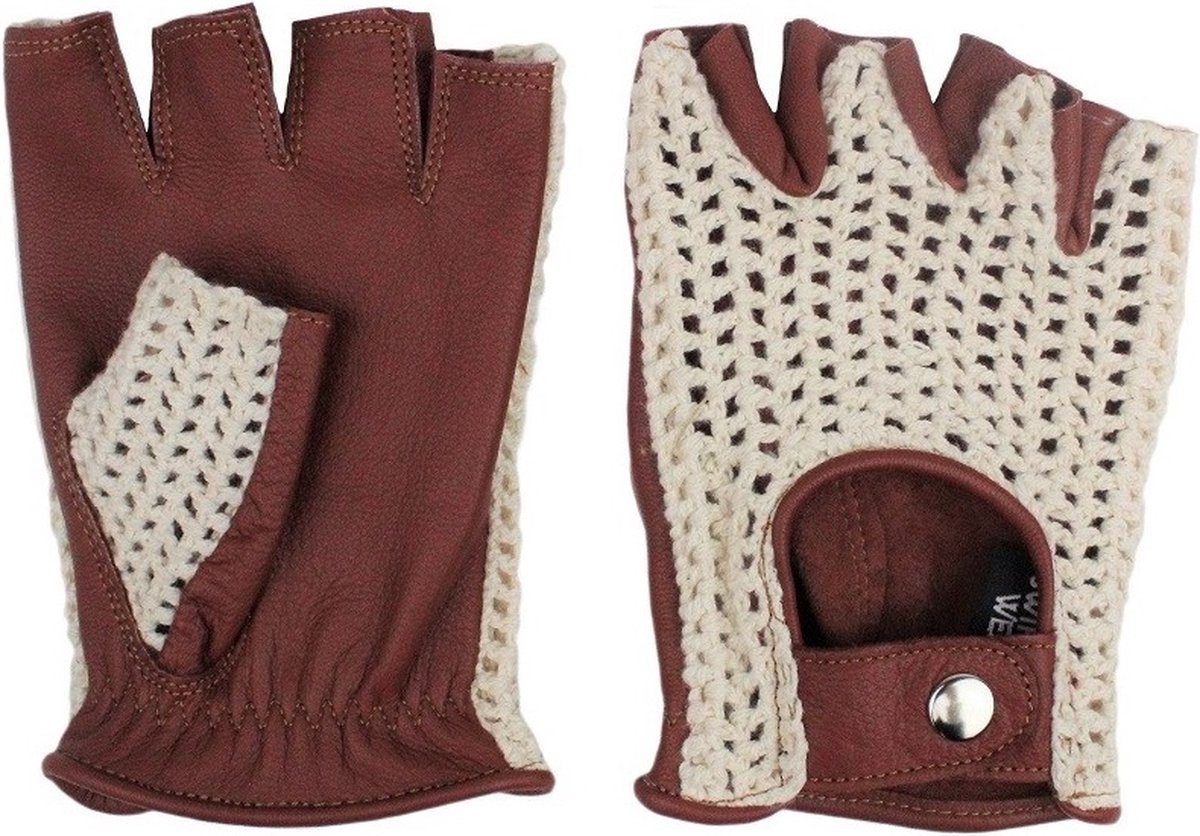 Swift vintage vingerloze crochet leren motor & autohandschoenen | dames & heren | nappa bruin | maat L