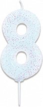 verjaardagskaars cijfer 8 wax 7 cm glitter wit