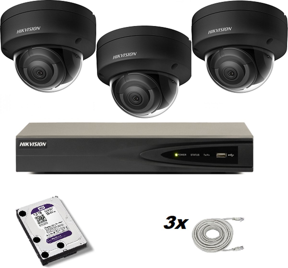 Set met 3 zwarte Hikvision DS-2CD2186G2-I 2.8mm 8mp camera’s, Hikvision recorder en Western Digital harde schijf