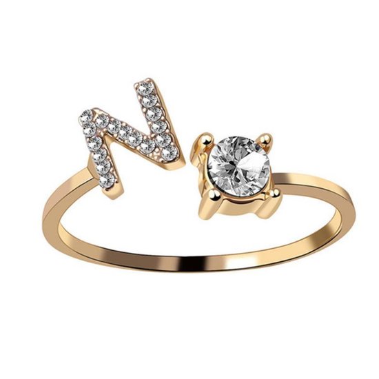 Ring Met Letter - Ring Met Steen - Letter Ring - Ring Letter - Initial Ring - (Zilver) Gold-Plated Letter N - Cadeautje voor haar