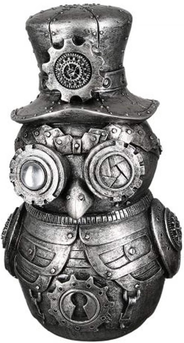 Sculptuur - Beeld - Steampunk uil zilver brons - Decoratief Fantasie Figuur
