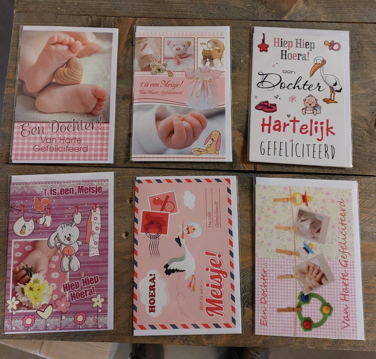 6x wenskaarten / geboorte / dochter / meisje / zusje / assorti.