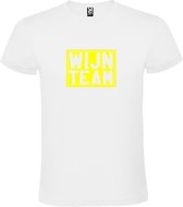 Wit T shirt met print van " Wijn Team " print Neon Geel size XXXXXL