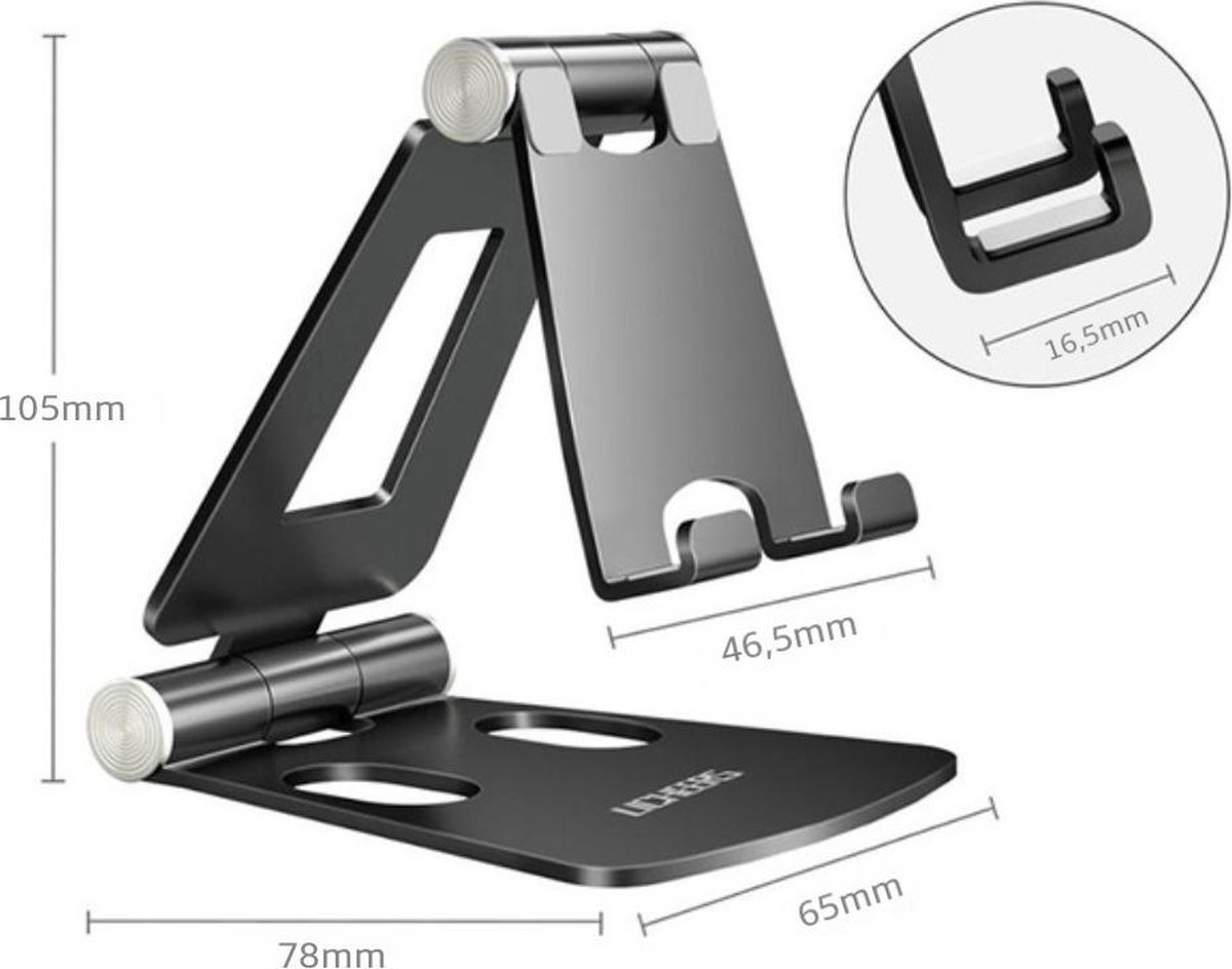 Licheers - vouwbare telefoonhouder - verstelbare houder - aluminium houder voor smartphone - met opbergzakje - LZJ01 - Zwart