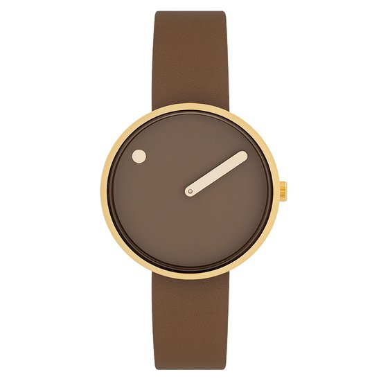Montre Picto dorée avec cadran marron, boîtier doré et bracelet en cuir marron.