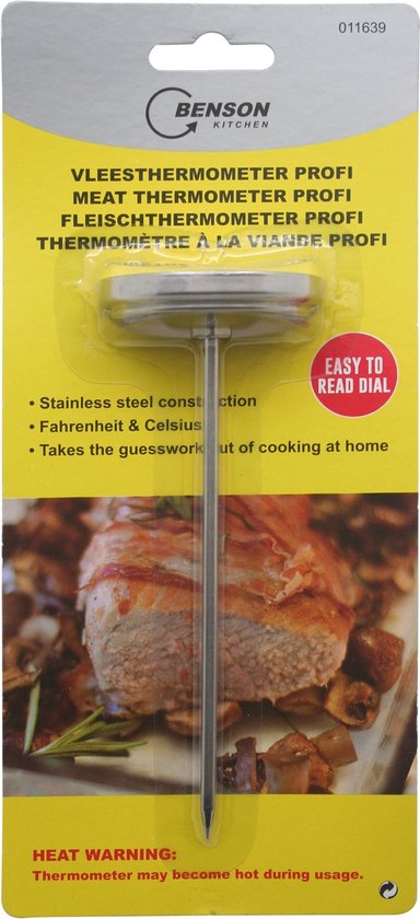 Benson vleesthermometer profi in verpakking, met afbeelding van rosbief en tekst 'EASY TO READ DIAL'.